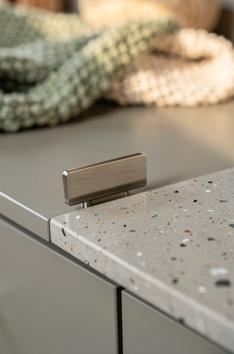 Mix matte nickel pulls with greige cabinets