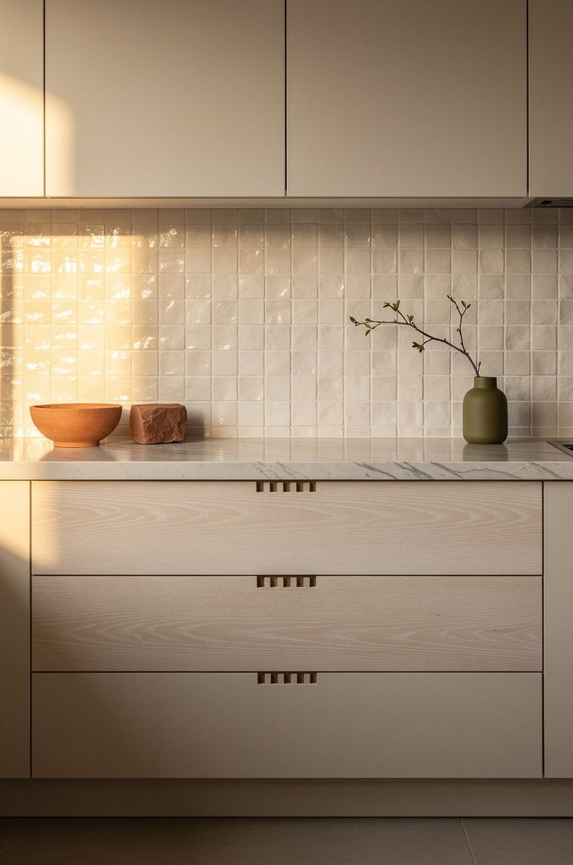Start with warm off-white zellige tiles