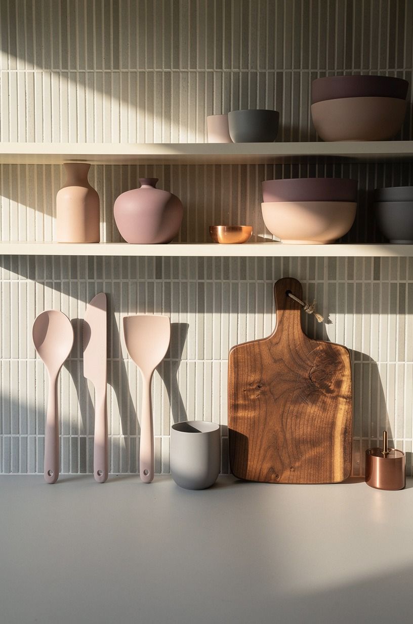 Run skinny vertical tile behind open shelves