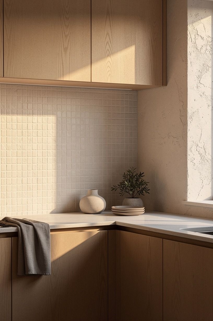 Pair pale oak cabinets with chalky tile