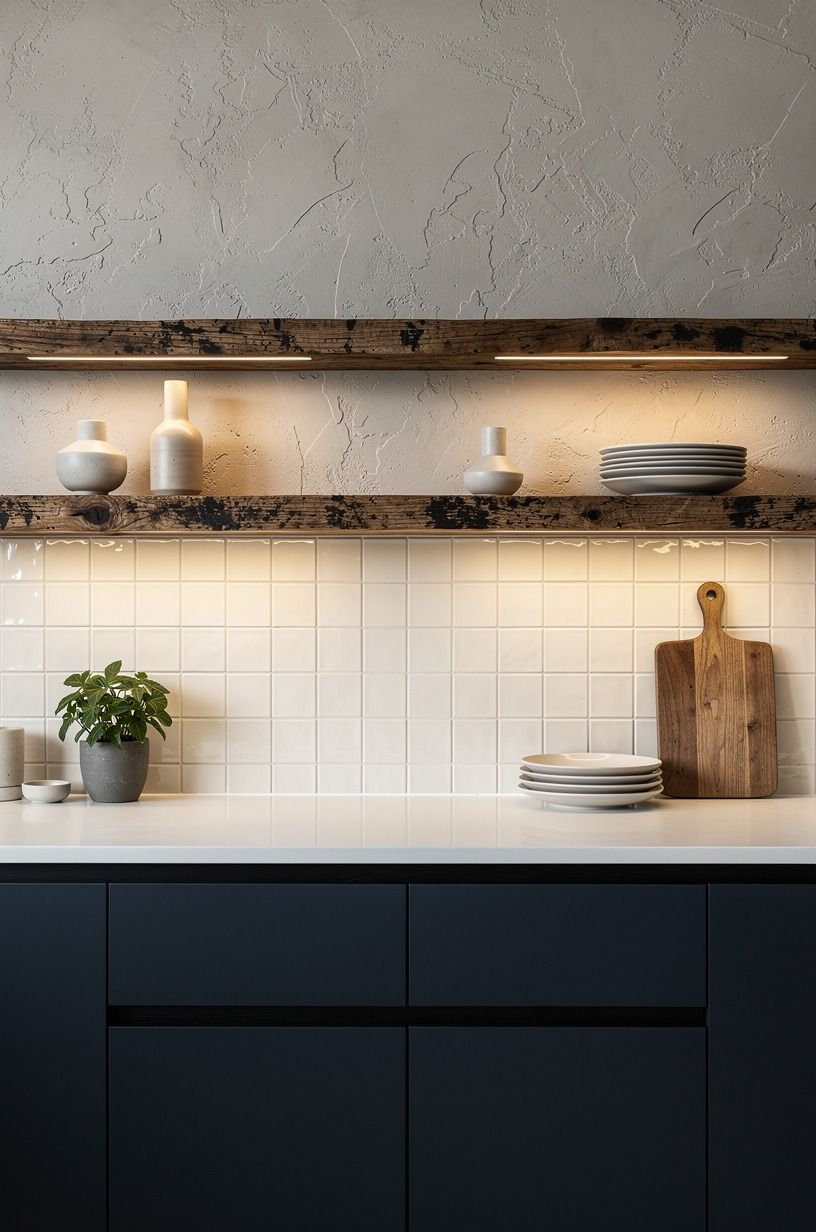 Mix cream ceramic with blackened wood accents
