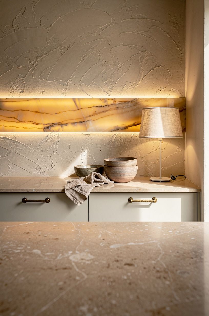 Chose honed beige quartz for quiet warmth