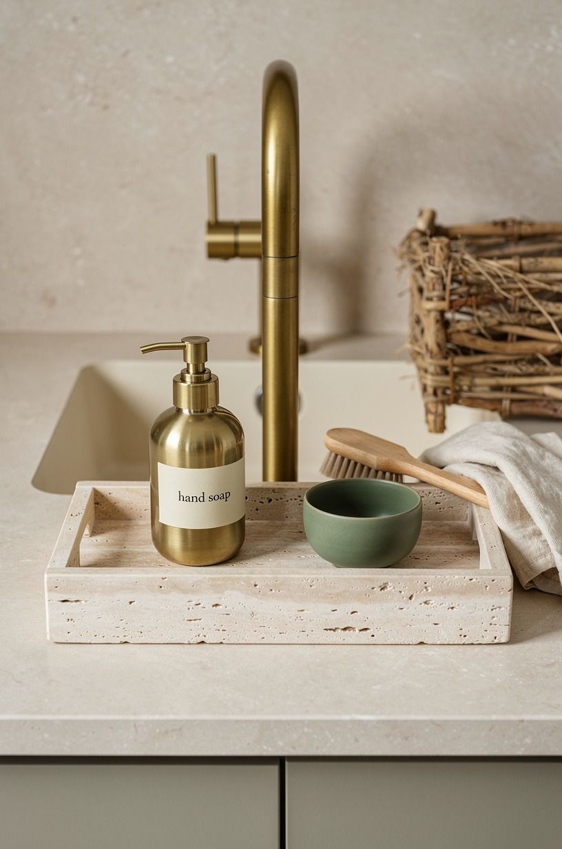 Set a travertine tray beside the sink