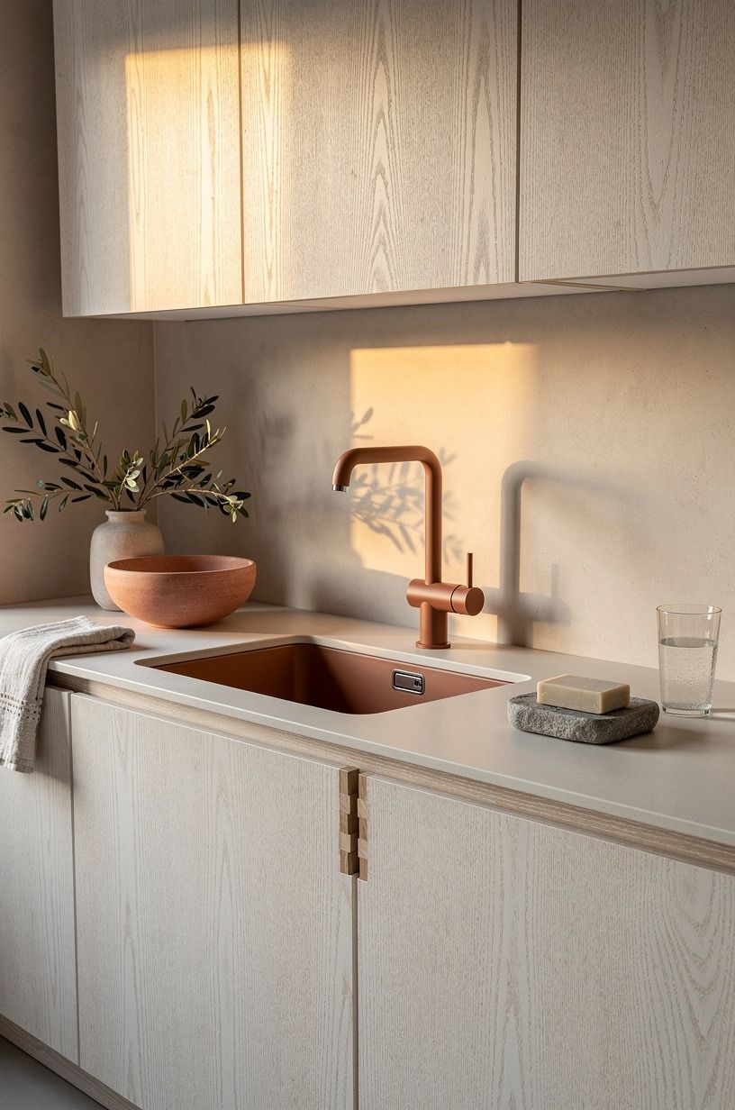 Undermount a clay sink into pale quartz (The Quiet Edge Rule)