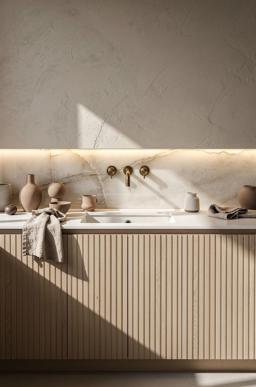 Frame the basin with fluted white oak (The Warm Rhythm Rule)