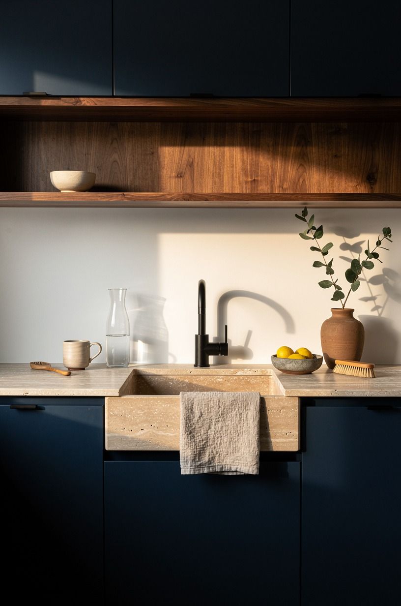 Tuck a ledge sink under open oak shelving (The Two-Breath Shelf Rule)