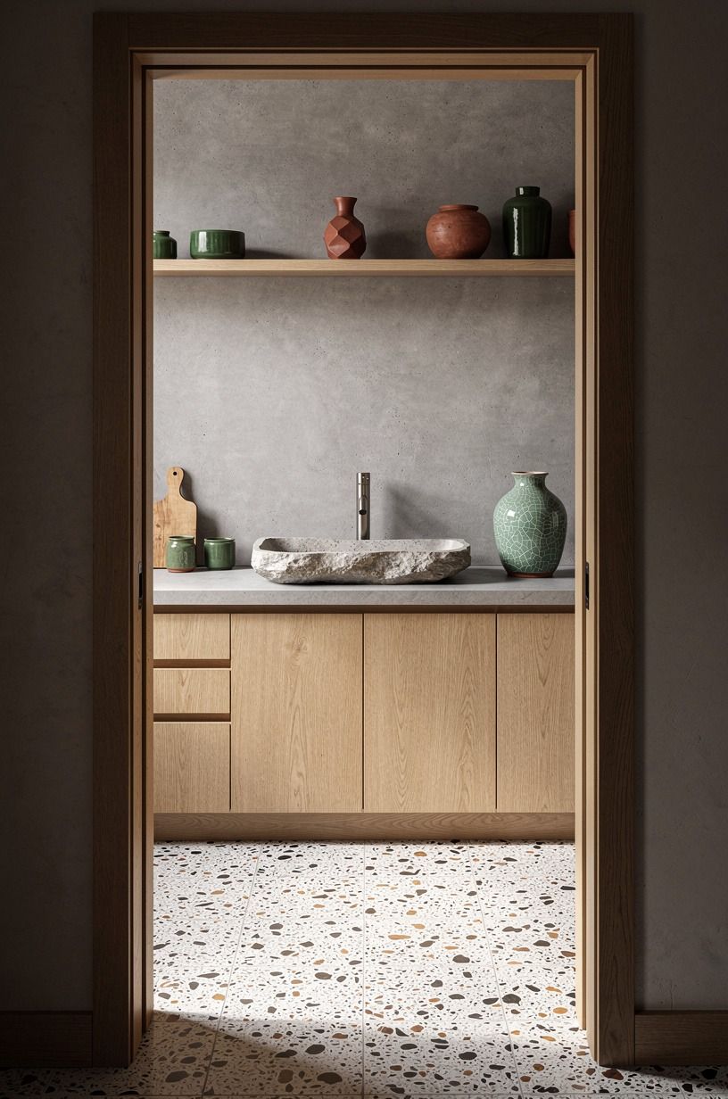 Run microcement backsplash behind a stone basin (The Soft Wall Strategy)
