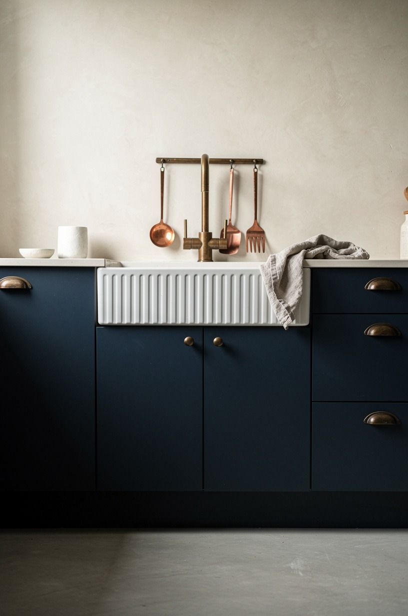 Set a ribbed farmhouse sink into flat fronts (The Soft Apron Contrast)