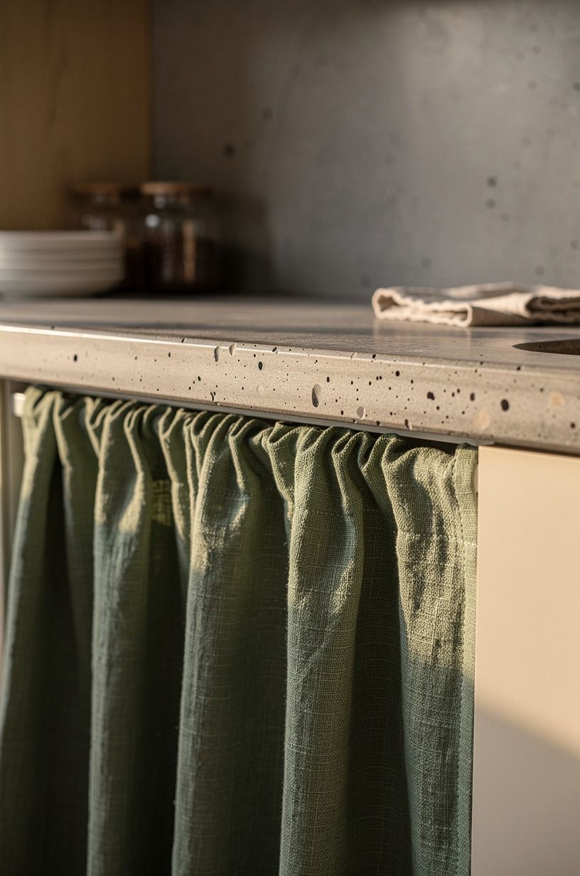 Layer linen cafe curtains beneath the sink (too soft for a working kitchen?)