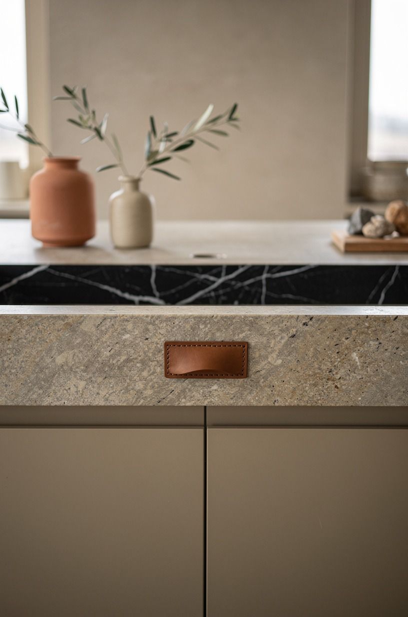 Mix honed granite with warm beige cabinets (The Evergreen Fog test)