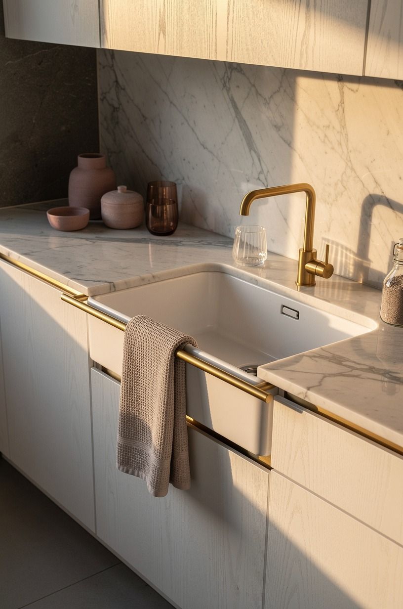 Use a thin brass rail for sink towels (The One-Line Accent)