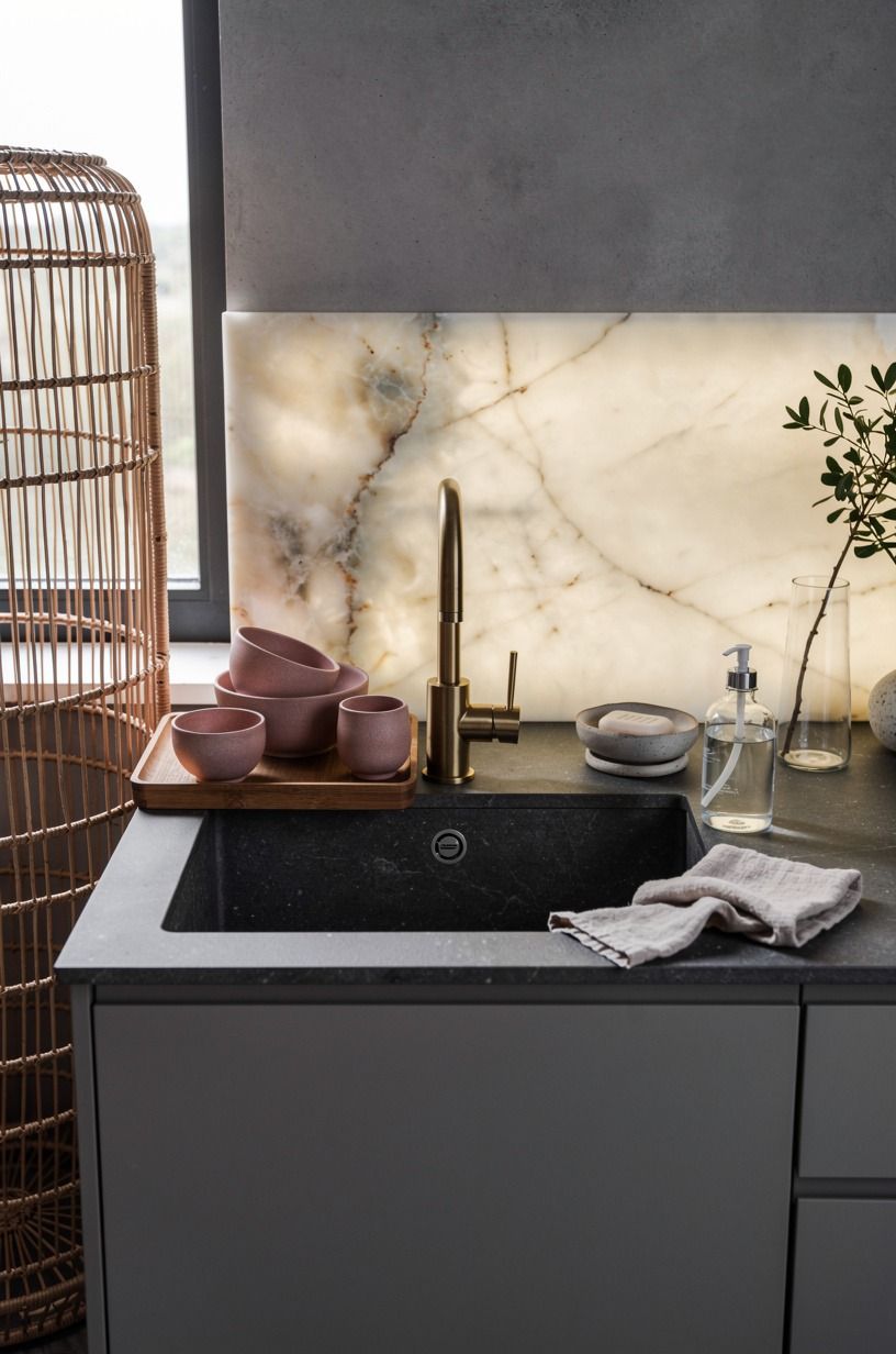 Style one wooden tray beside the faucet (The Last-Thing Rule)