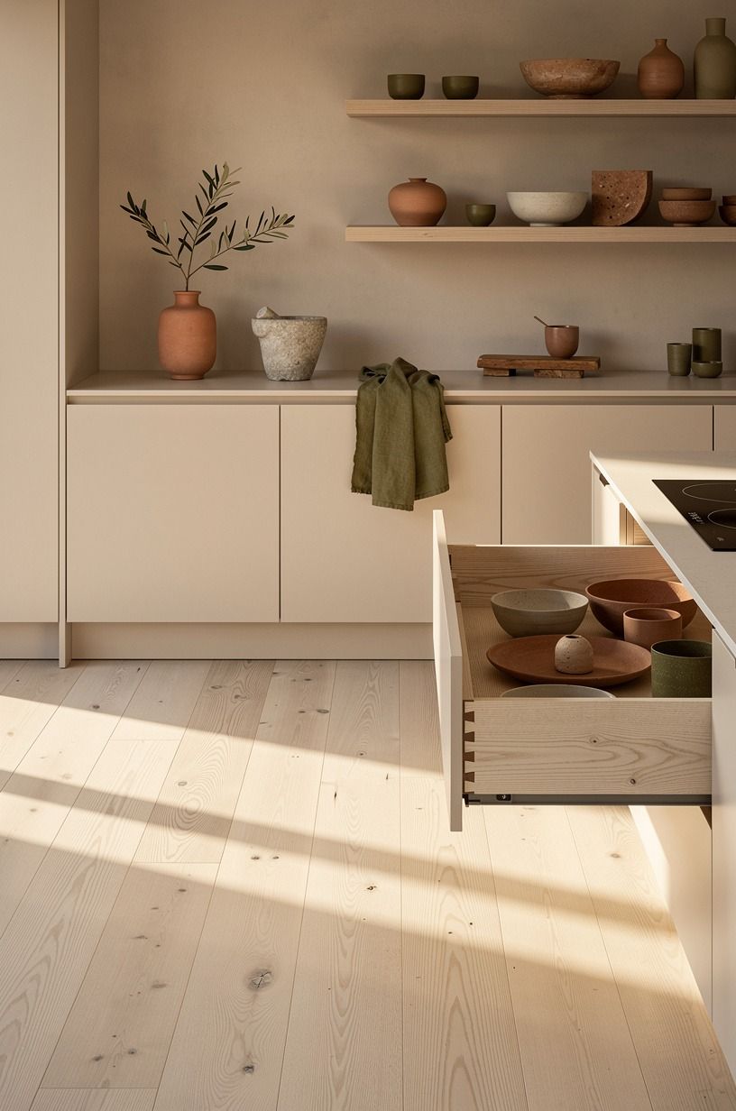 Run pale oak planks under flat-front cabinets