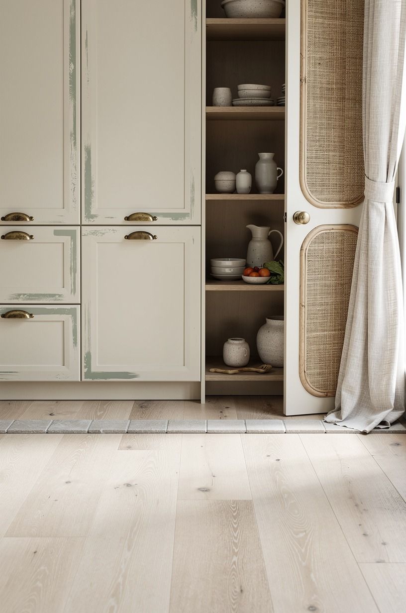 Mix ash wood flooring with stone threshold strips
