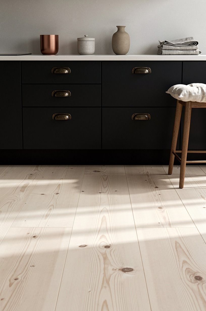 Ground black cabinets with pale maple floors