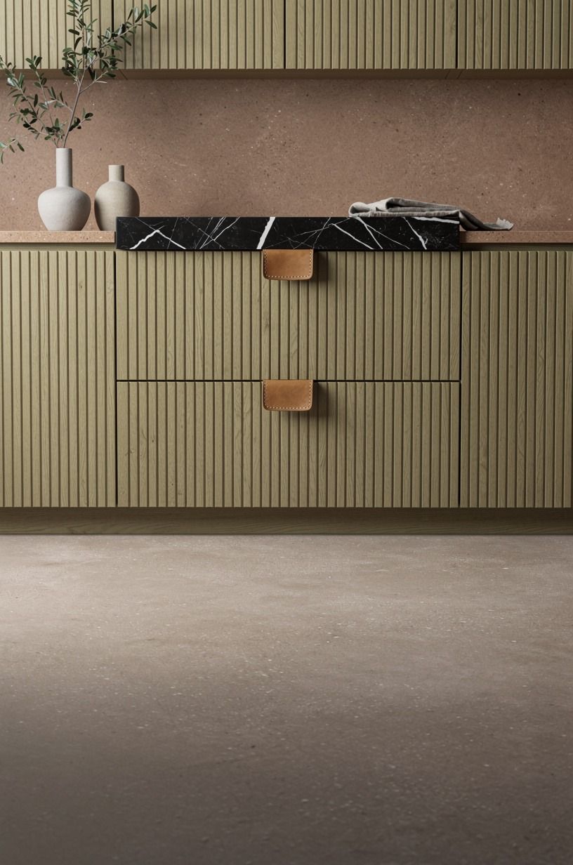 Pair microcement flooring with slatted wood fronts
