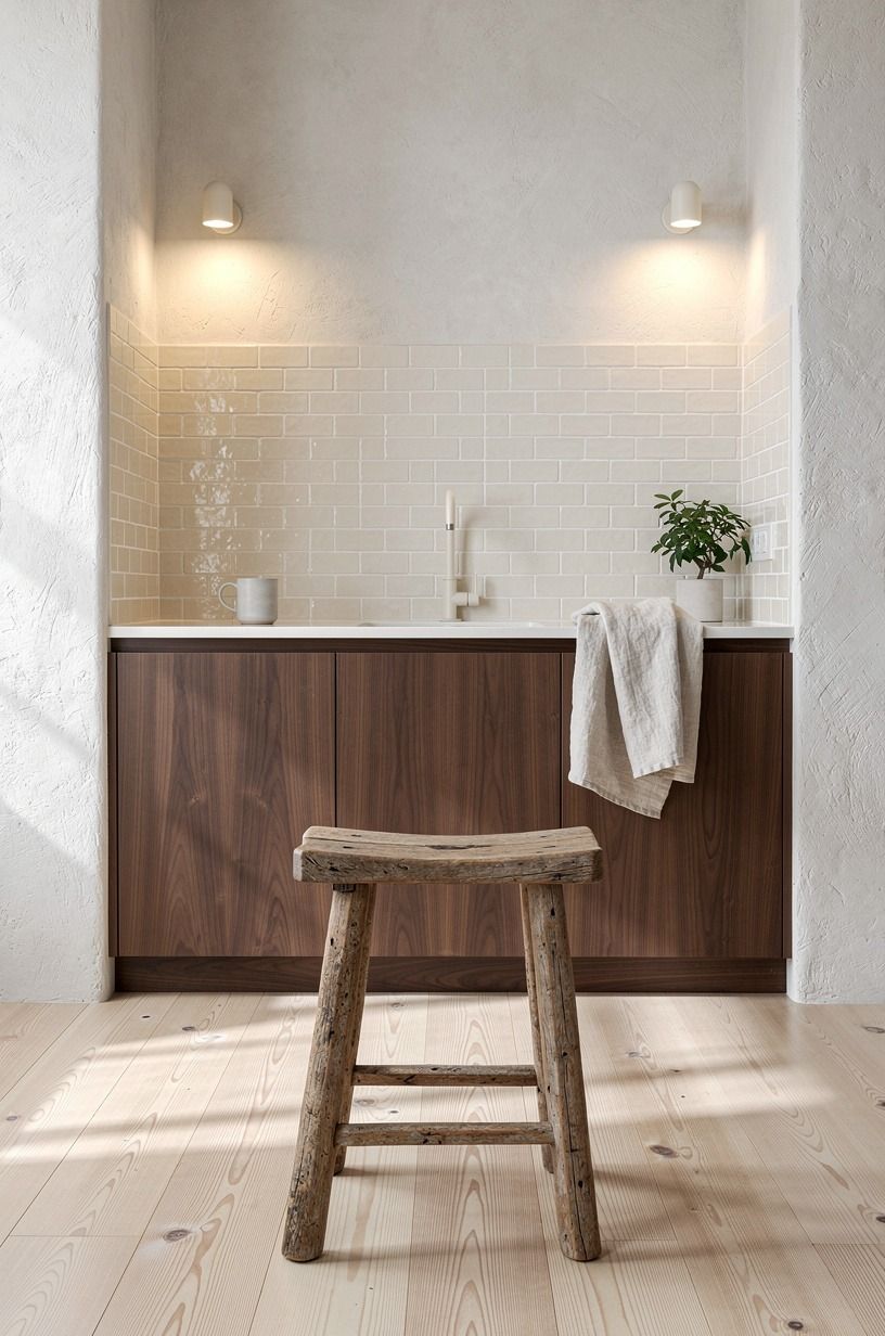 Blend birch planks with creamy zellige backsplashes