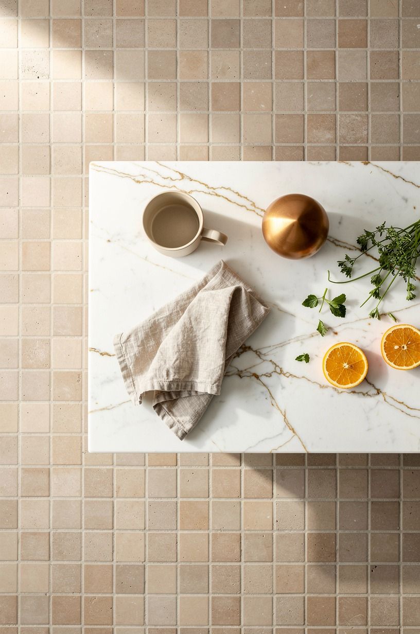 Set square clay tiles in soft taupe grout