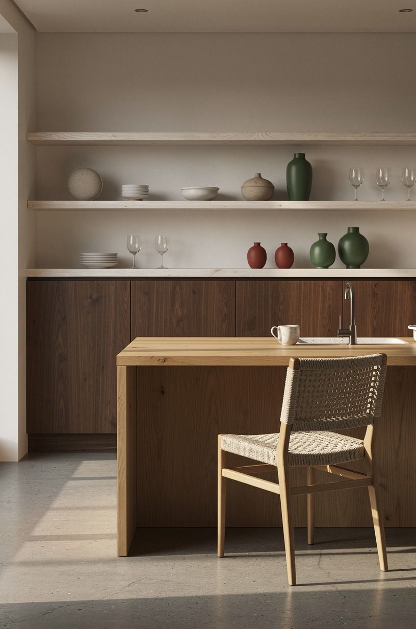 Anchor walnut cabinets with light concrete floors