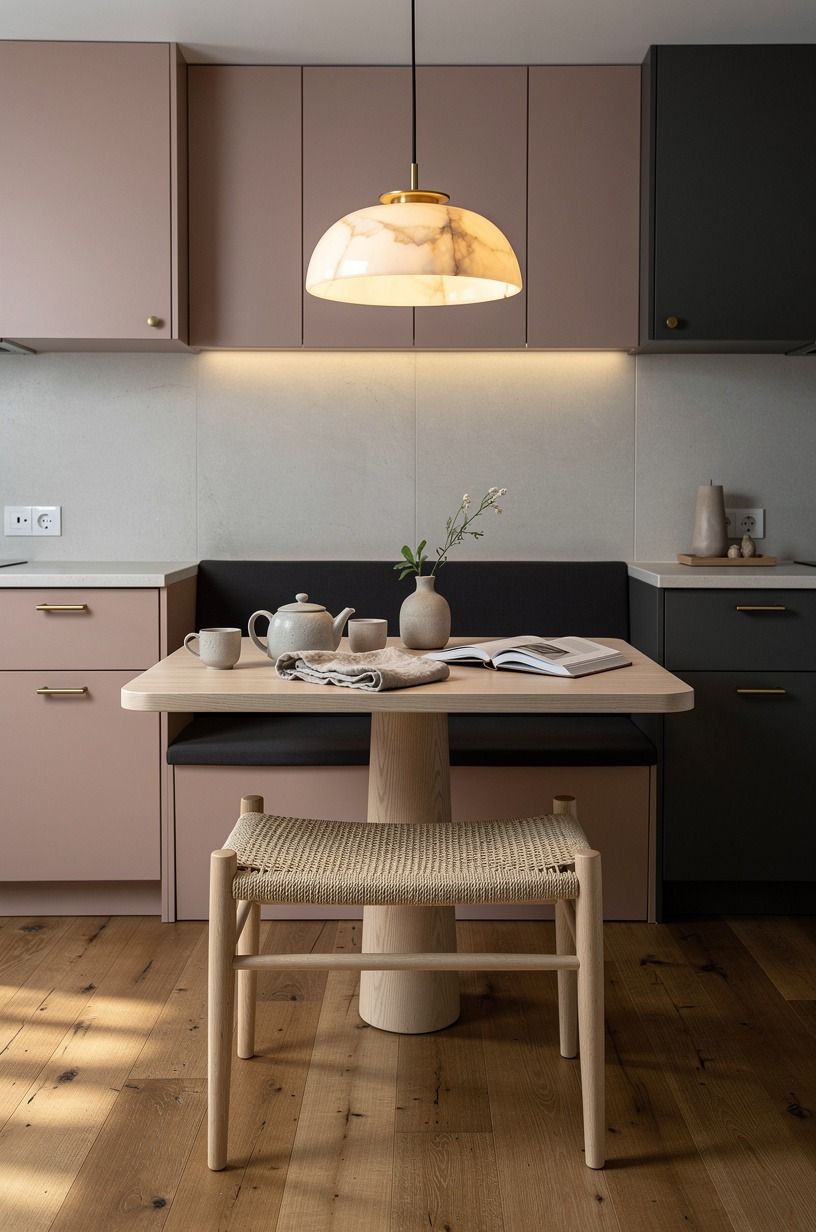 Continue oak flooring beneath the breakfast nook