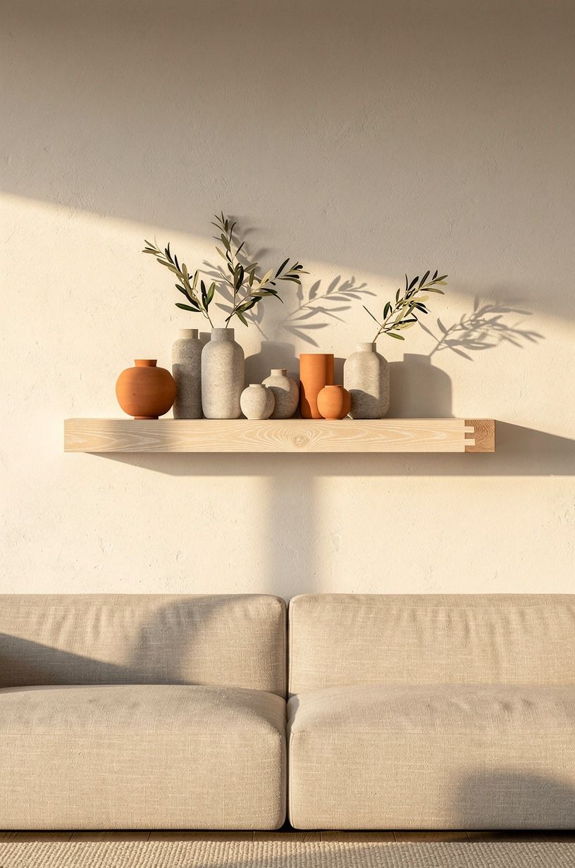 Start with one pale oak floating shelf