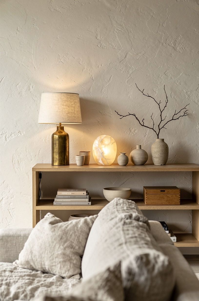 Anchor low shelves beside a linen sofa