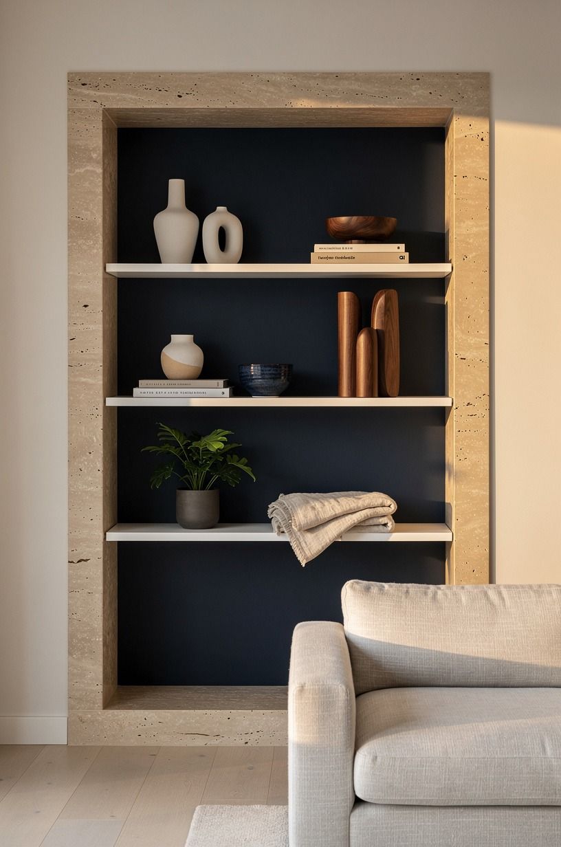 Hang slim shelves inside a quiet alcove