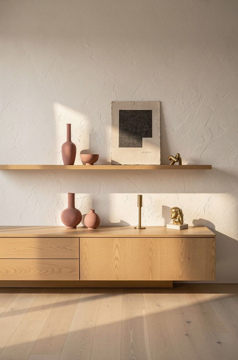 Anchor open shelving above a wood sideboard