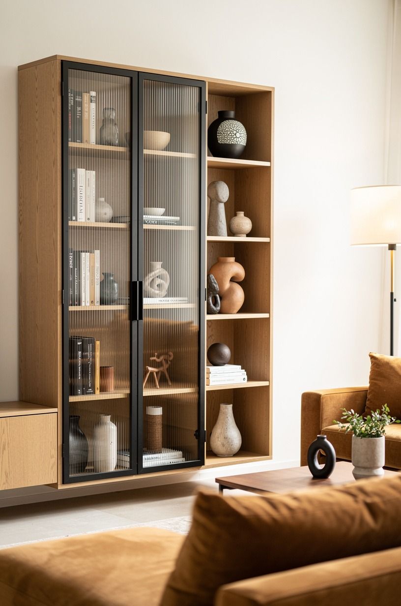 Layer books behind ribbed glass doors