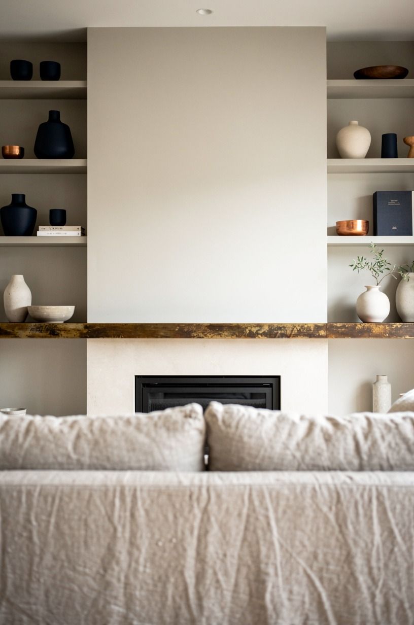 Hang asymmetrical shelves around the fireplace