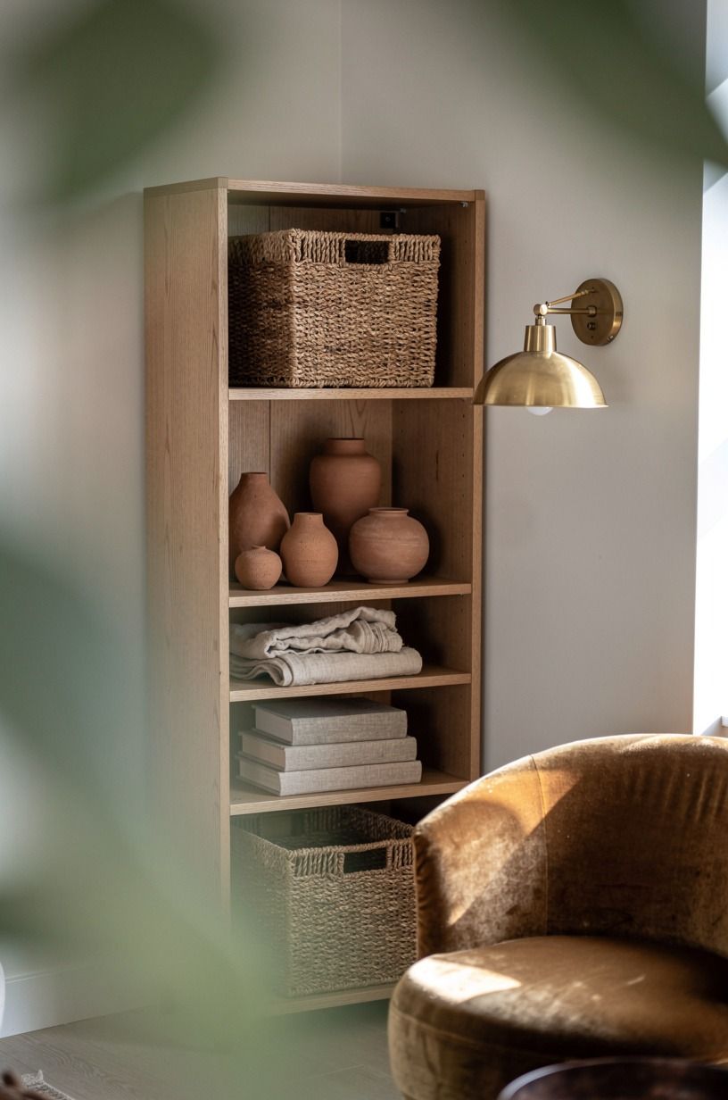 Anchor a corner shelf with woven baskets