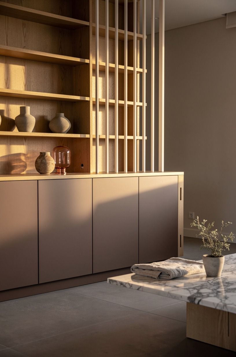 Layer matte cabinets beneath open oak rails