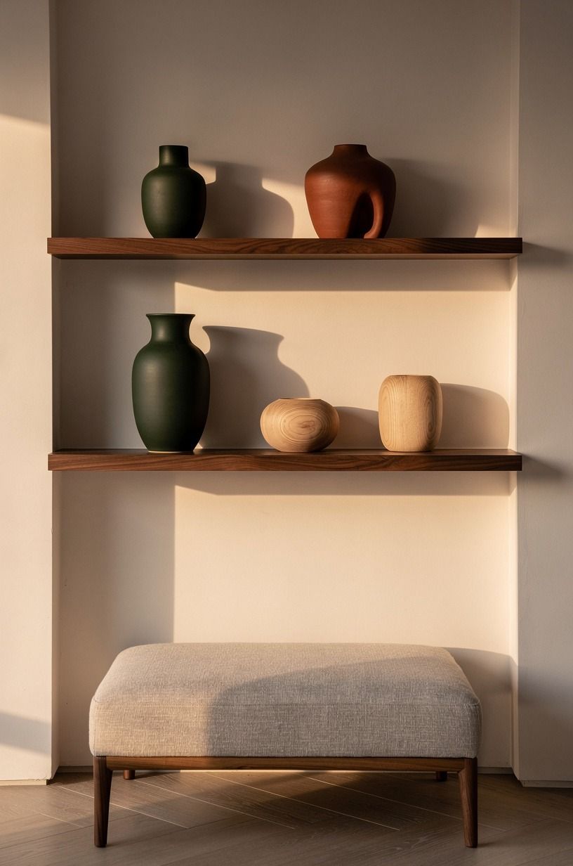 Start a quiet shelf wall in warm walnut