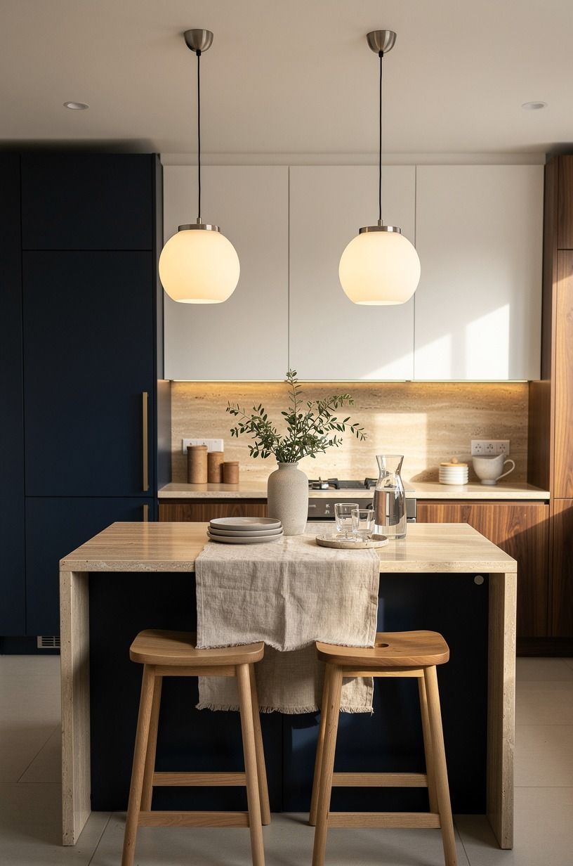 Pair soft globes over a single oversized statement