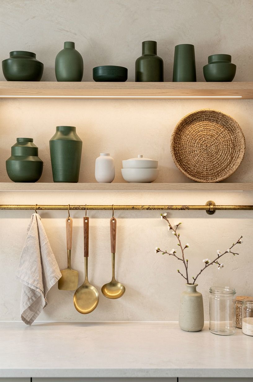 Tuck warm LED strips beneath the open oak shelves