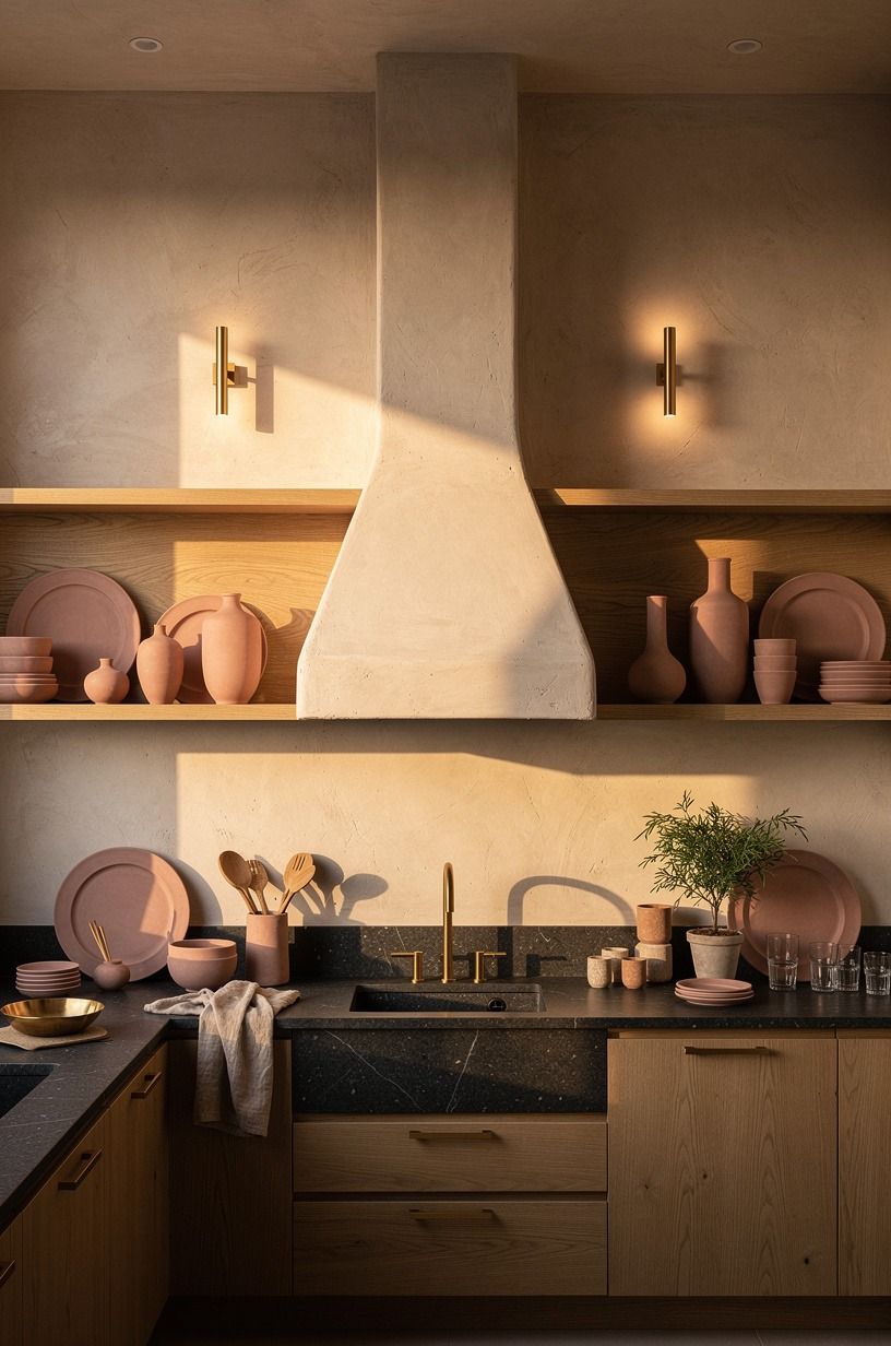 Frame the plaster range hood with narrow brass sconces