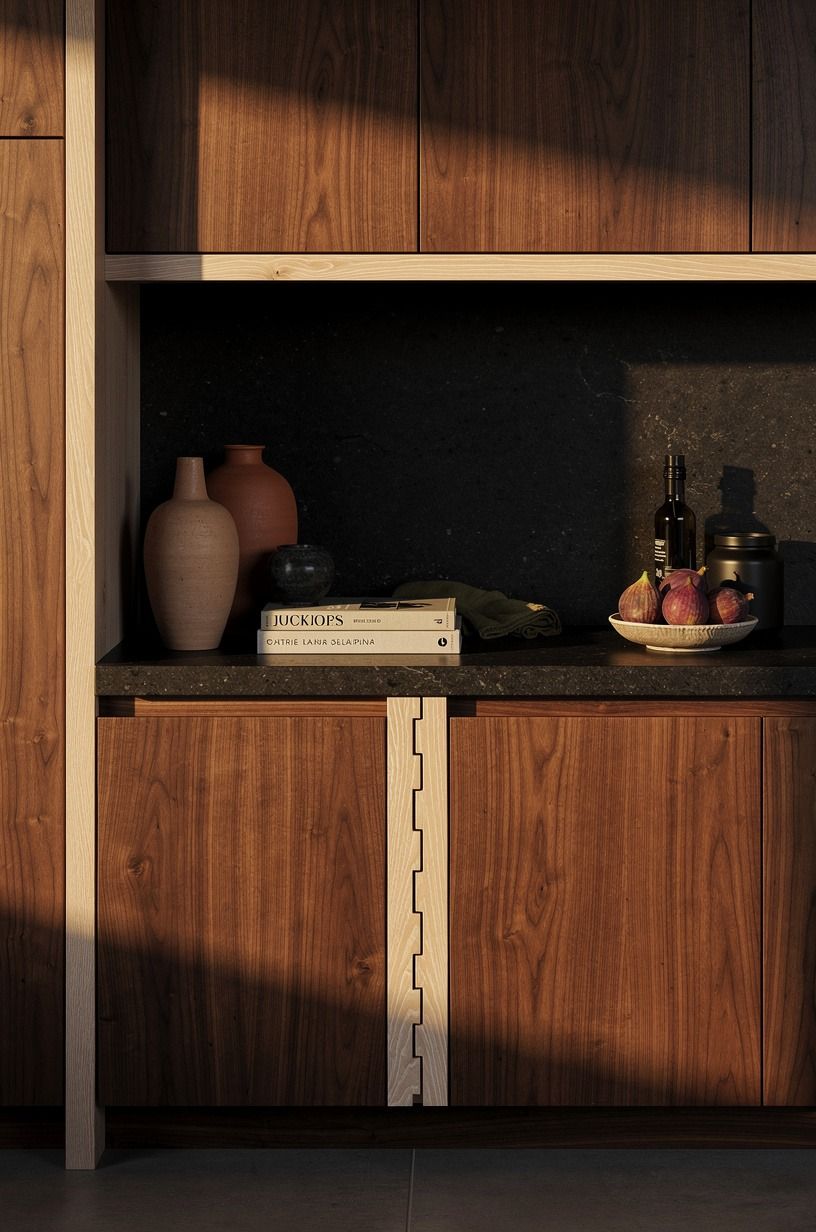 Anchor walnut slab cabinets under matte black stone