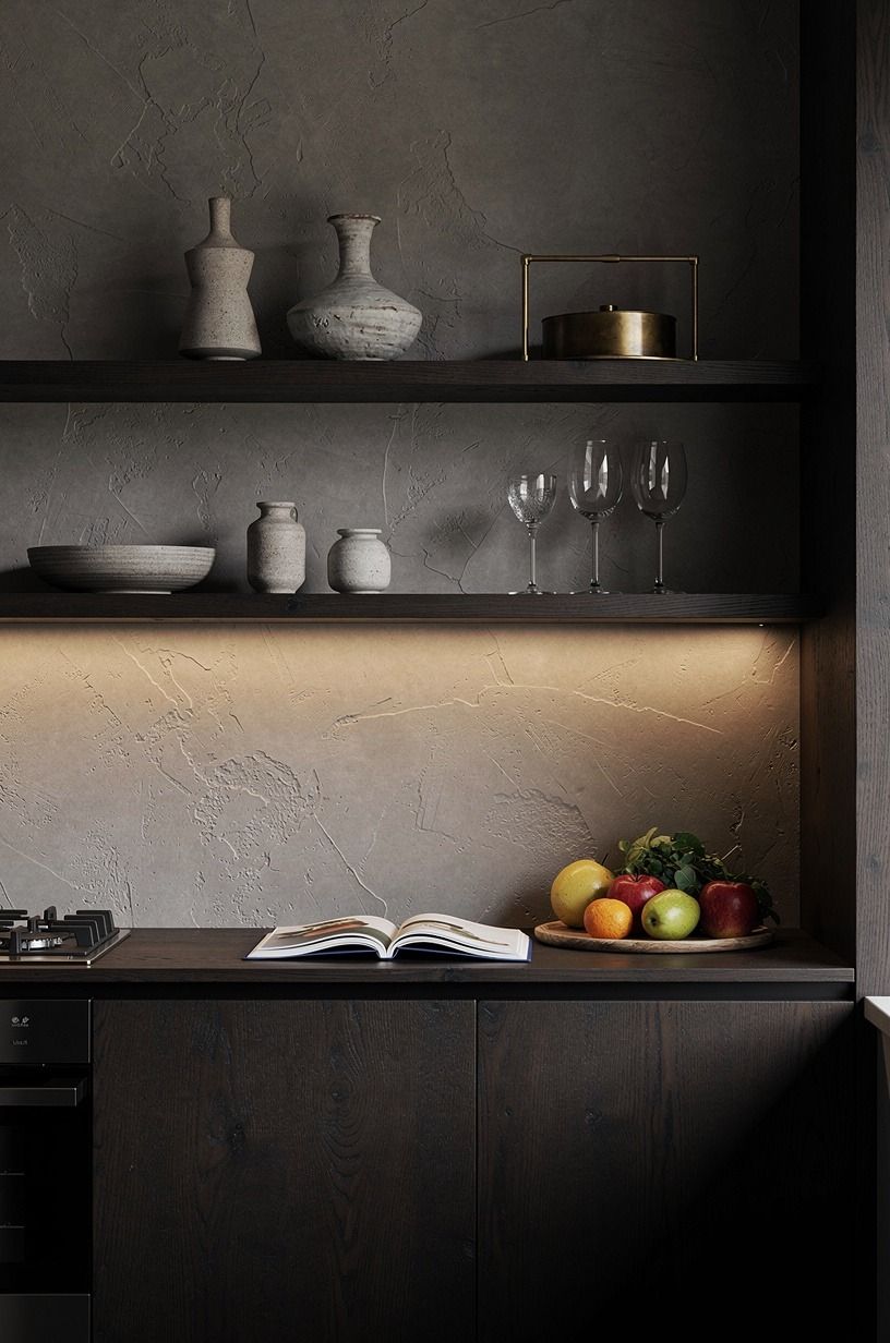 Run smoked oak shelves across a plaster backsplash