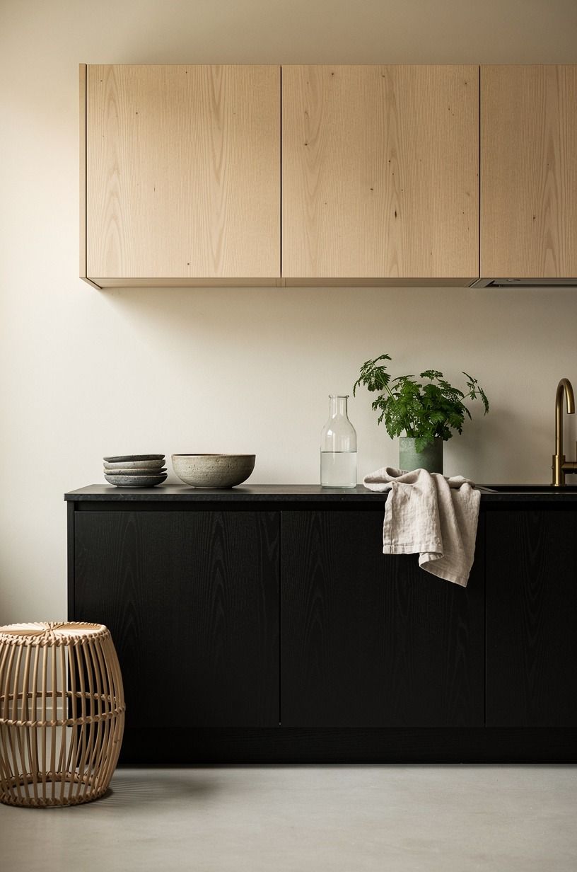Mix blackened ash lowers with pale oak uppers