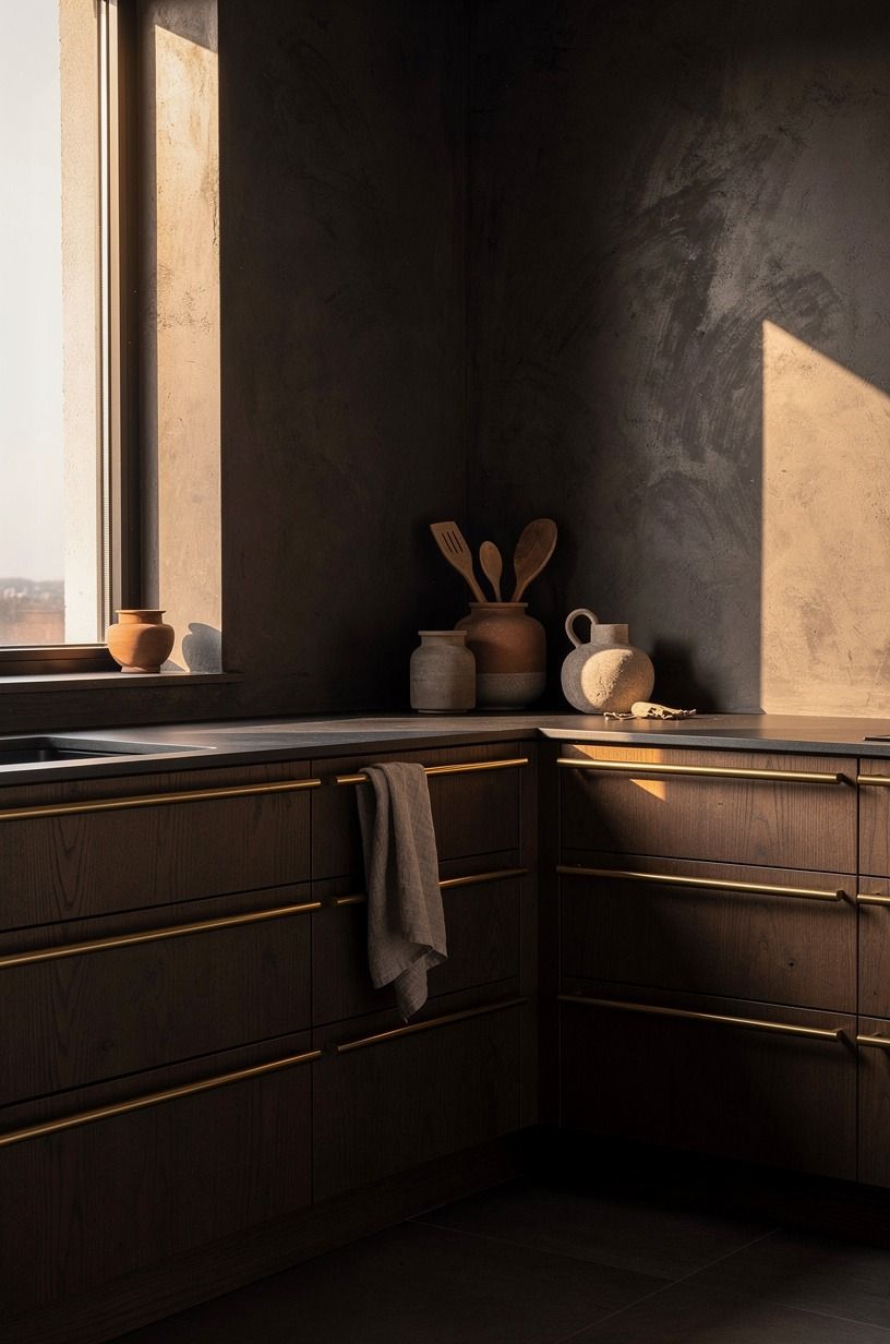 Layer warm brass rails on deep wood drawers