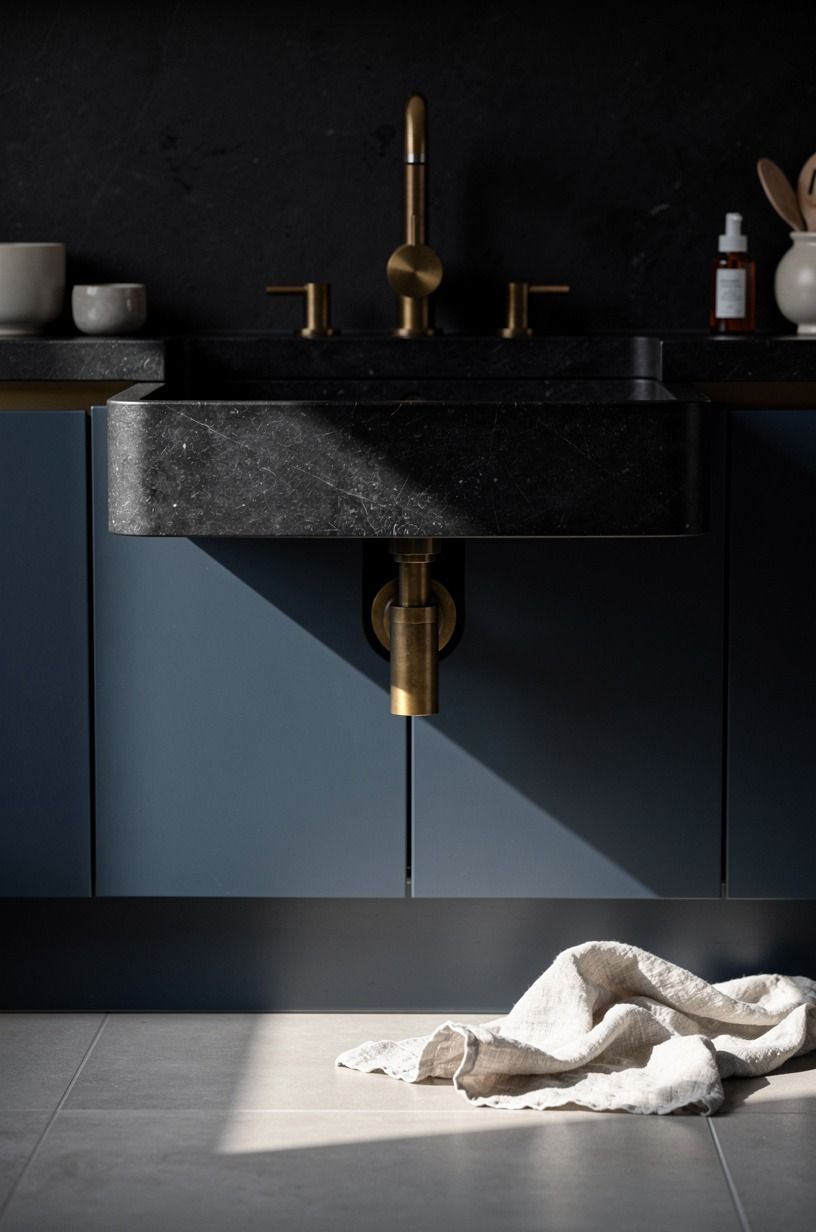 Float a black stone ledge above the sink