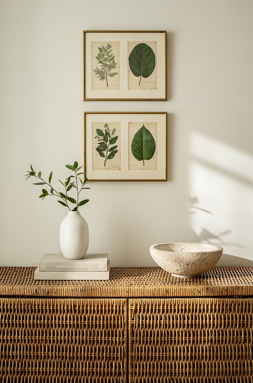 Hung botanical prints in matching brass frames