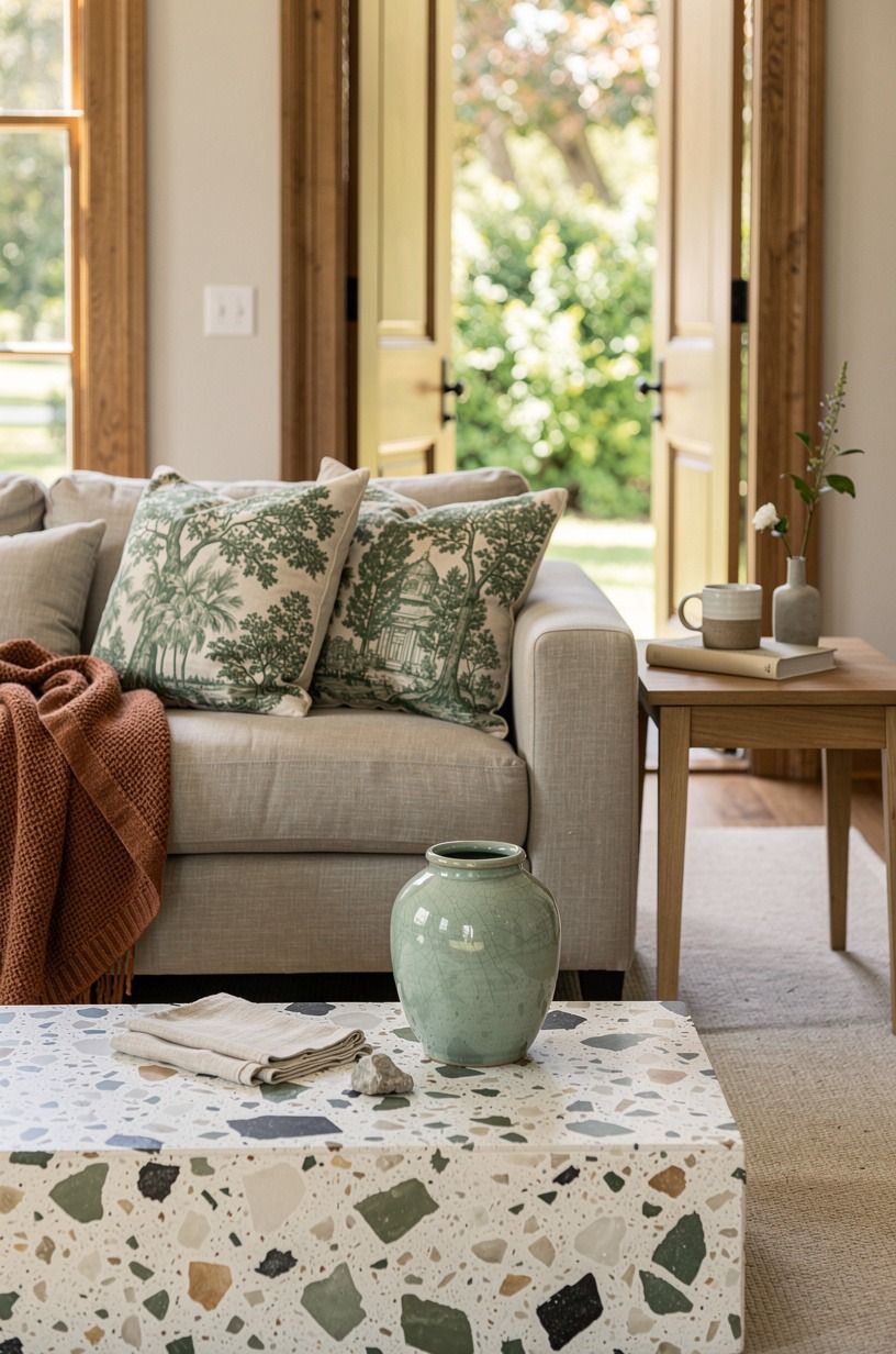 Layered toile pillows on the linen sofa