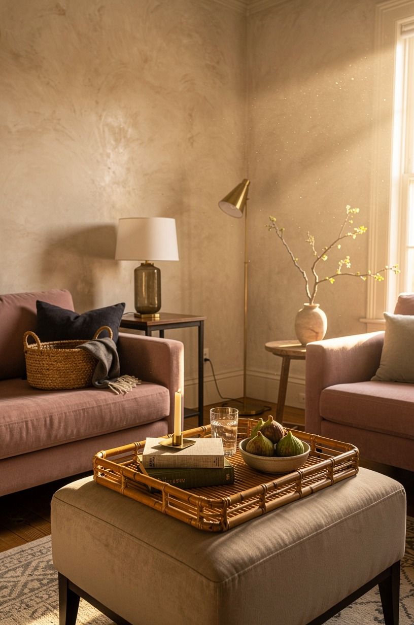Set a bamboo tray on the ottoman