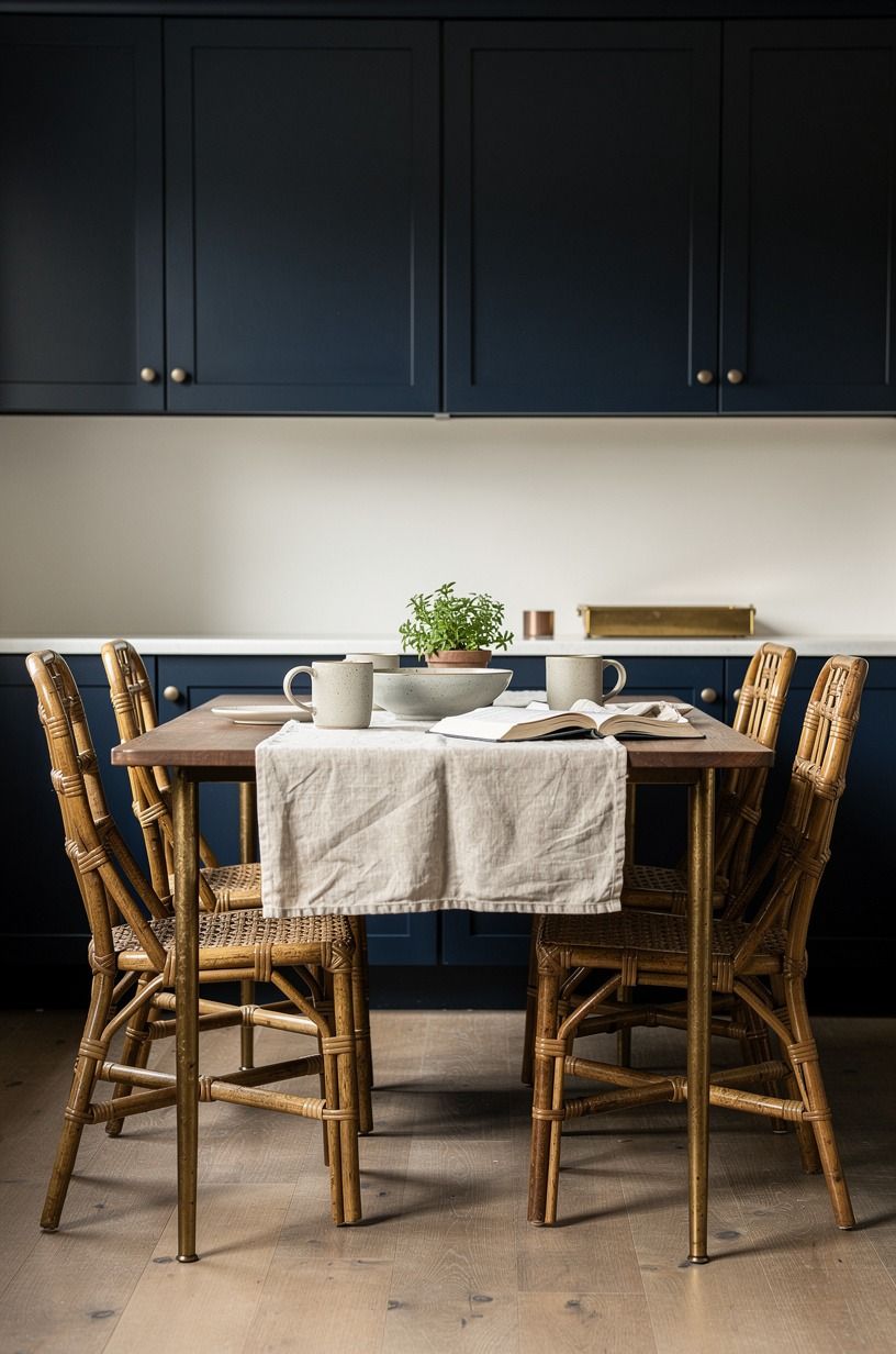 Tucked cane chairs around the breakfast table