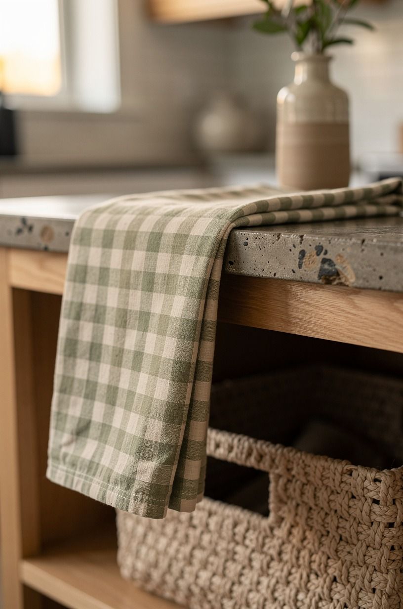 Draped gingham napkins over open shelving