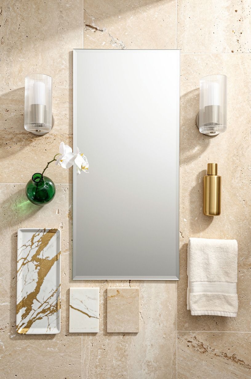 Hung Ribbed Glass Sconces Beside Mirror