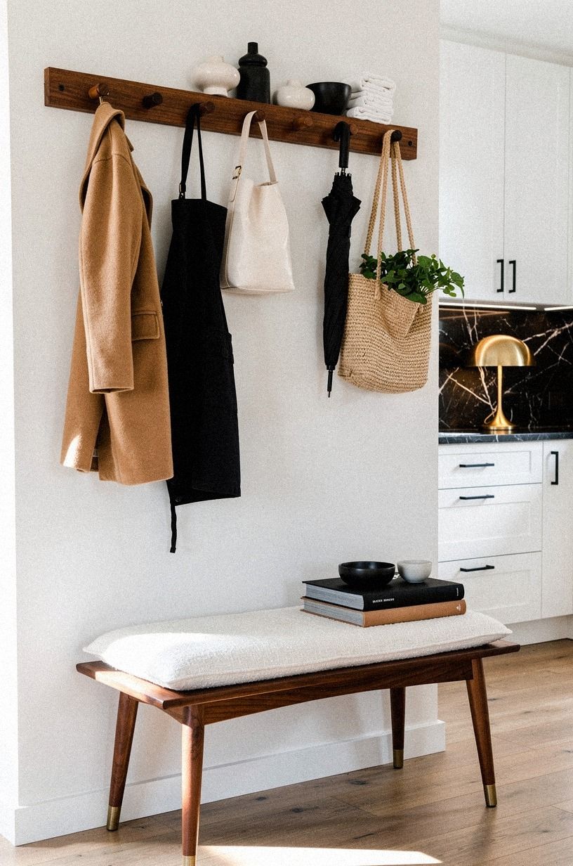 install a peg rail across one wall for visible storage