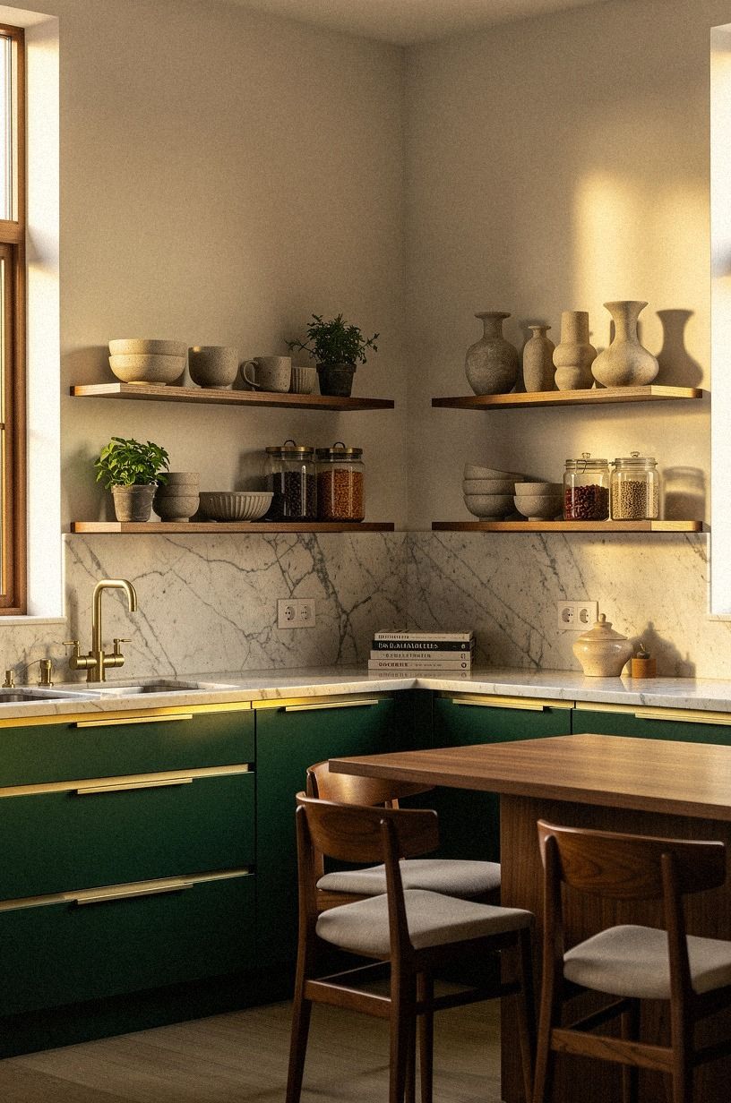 swap upper cabinets for two open shelves per side