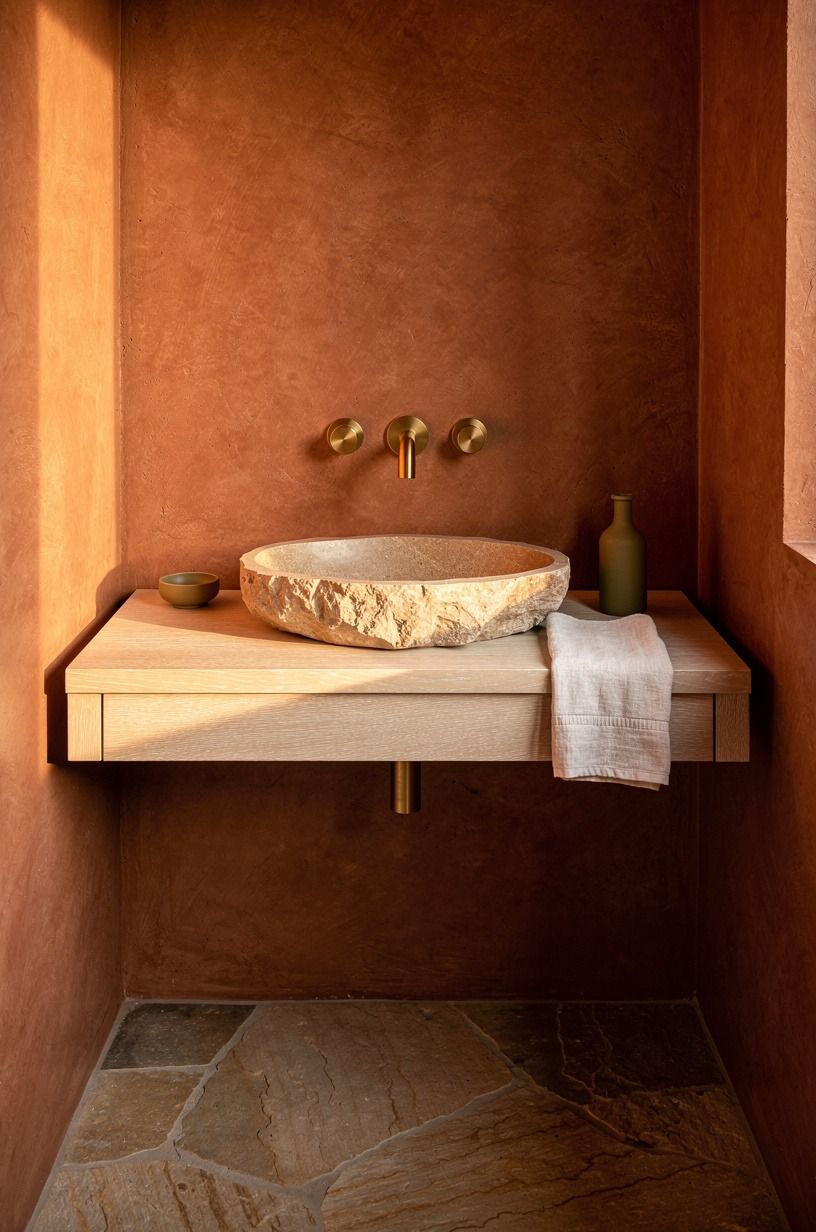 Start with a wall-mounted brass faucet